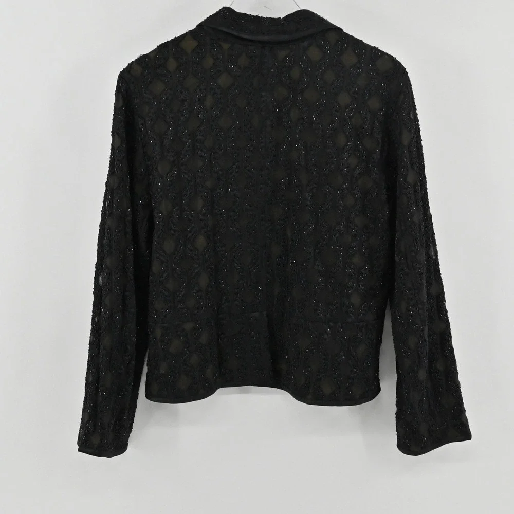 Chicos Beaded‎ Diamond Lattice Blazer Womens Size 2 L Black Cotton Formal Jacket